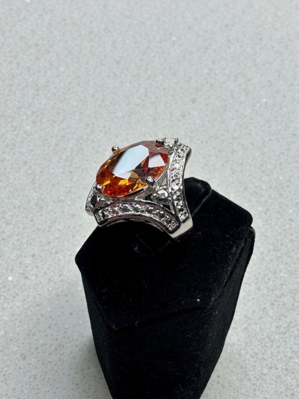 Large Orange Crystal Cocktail Ring Silver Tone Statement Ring Size 7